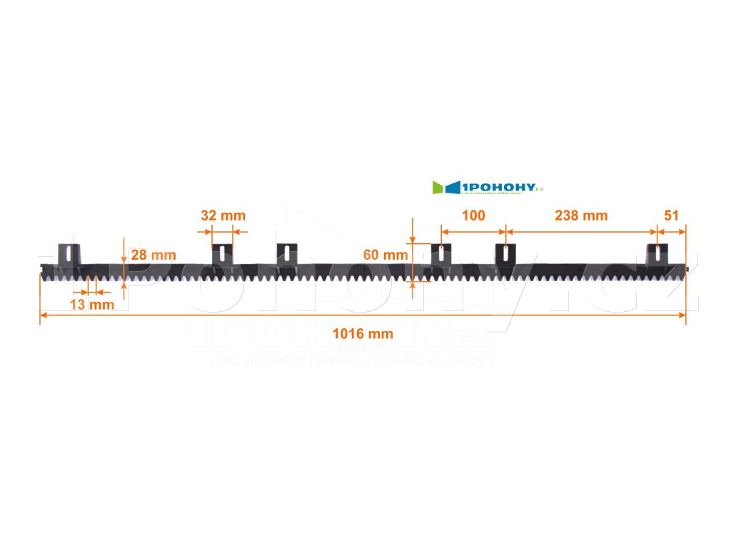 ROZMĚRY ROA6.T.UP OZUBENÉHO HŘEBENE PRO POSUVNÉ BRÁNY, NYLONOVÉHO S OCELOVOU VÝZTUHOU, HORNÍ ÚCHYTKY